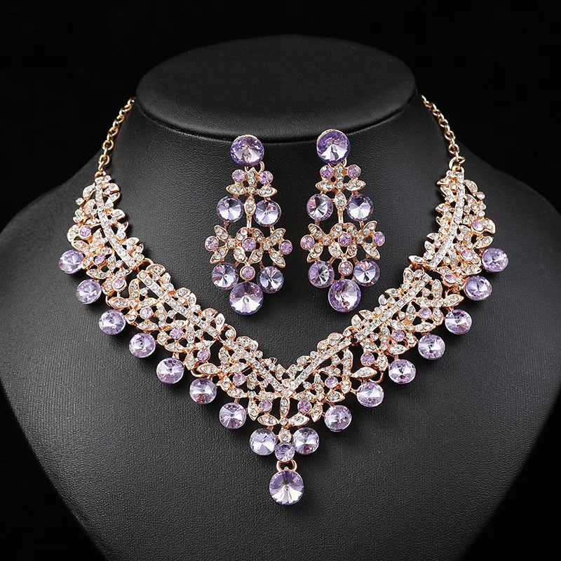 KMVEXO 2pcs Luxury Crystal Bead AB Color Necklace Earrings Set for Women Glass Weddings Party Jewelry Sets Dress Accessories