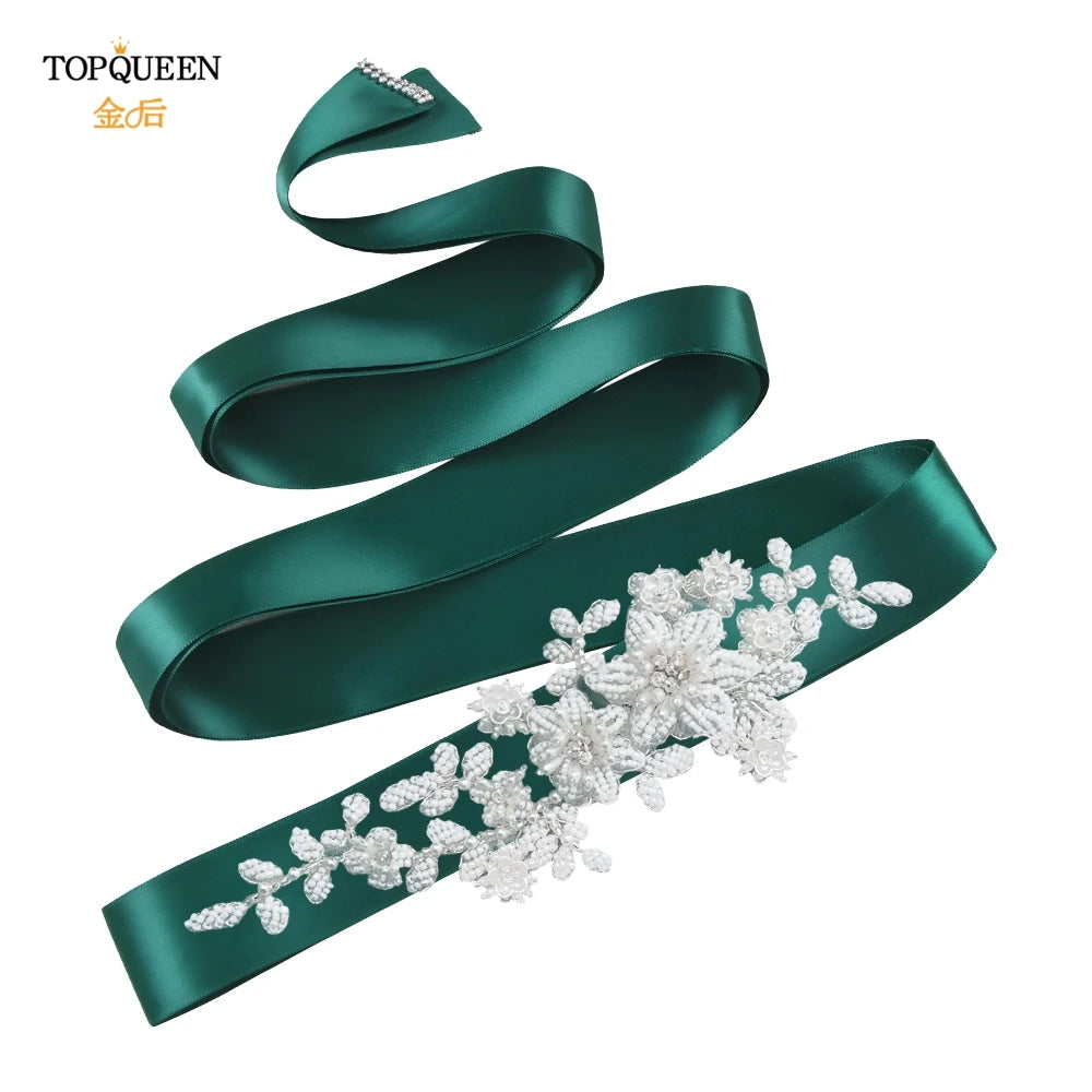 TOPQUEEN Elegant Bridal Belt Pearl Beaded Flower Applique Accessories Wedding Belt Sash Luxury Dress Waist Decoration S484