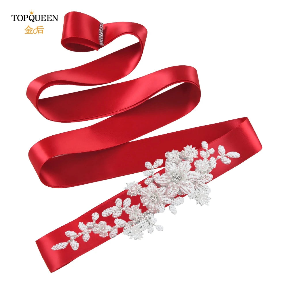 TOPQUEEN Elegant Bridal Belt Pearl Beaded Flower Applique Accessories Wedding Belt Sash Luxury Dress Waist Decoration S484