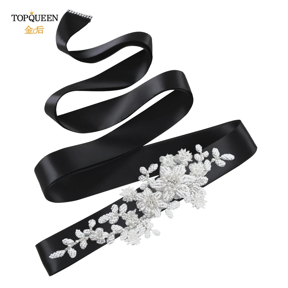 TOPQUEEN Elegant Bridal Belt Pearl Beaded Flower Applique Accessories Wedding Belt Sash Luxury Dress Waist Decoration S484