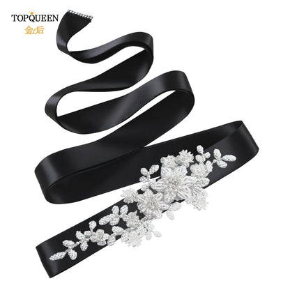 TOPQUEEN Elegant Bridal Belt Pearl Beaded Flower Applique Accessories Wedding Belt Sash Luxury Dress Waist Decoration S484