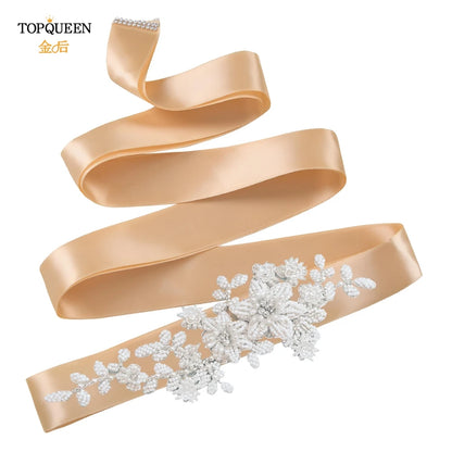 TOPQUEEN Elegant Bridal Belt Pearl Beaded Flower Applique Accessories Wedding Belt Sash Luxury Dress Waist Decoration S484