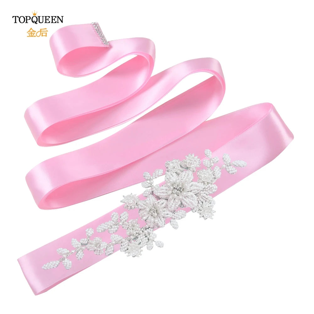 TOPQUEEN Elegant Bridal Belt Pearl Beaded Flower Applique Accessories Wedding Belt Sash Luxury Dress Waist Decoration S484