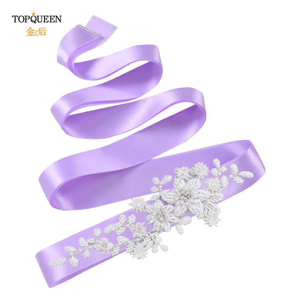 TOPQUEEN Elegant Bridal Belt Pearl Beaded Flower Applique Accessories Wedding Belt Sash Luxury Dress Waist Decoration S484