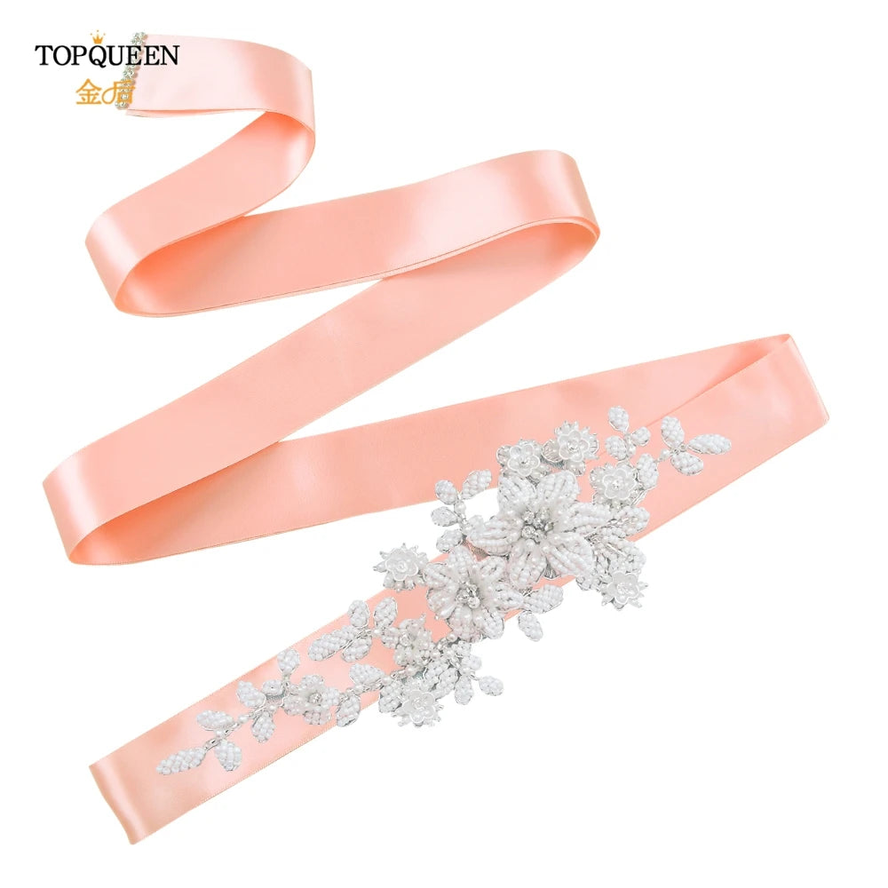 TOPQUEEN Elegant Bridal Belt Pearl Beaded Flower Applique Accessories Wedding Belt Sash Luxury Dress Waist Decoration S484