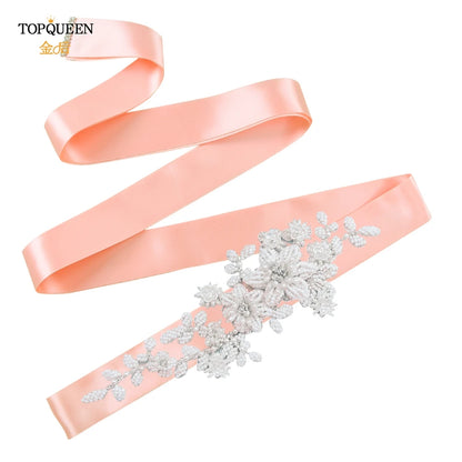 TOPQUEEN Elegant Bridal Belt Pearl Beaded Flower Applique Accessories Wedding Belt Sash Luxury Dress Waist Decoration S484
