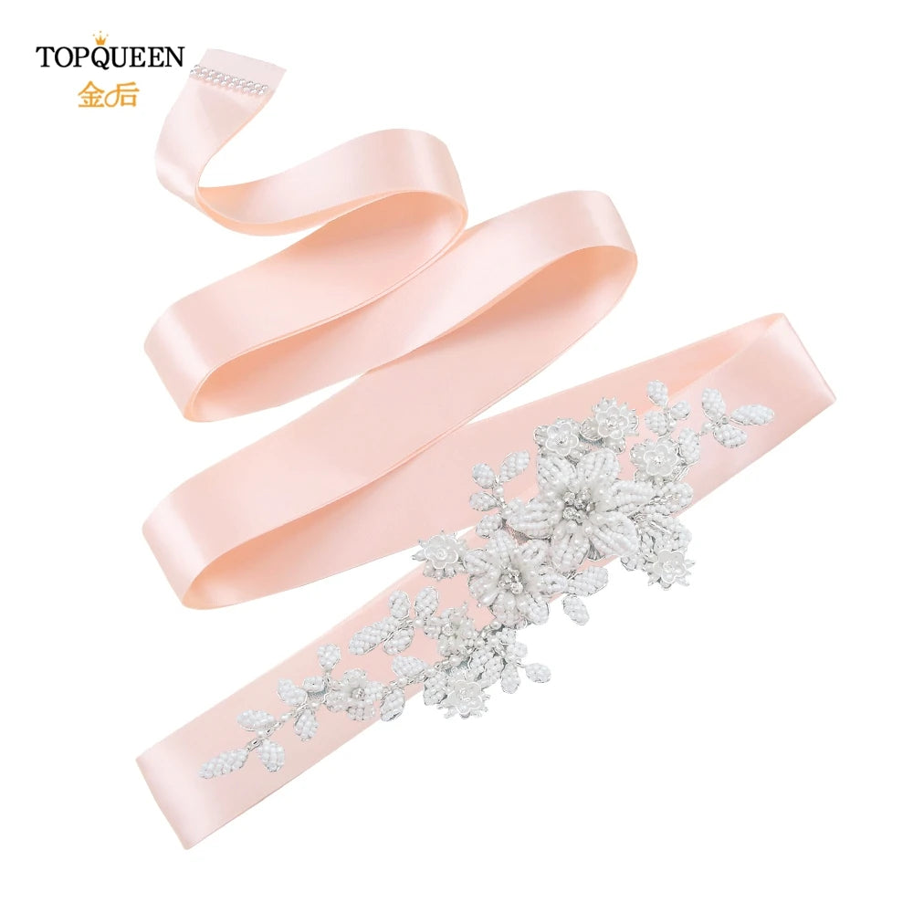 TOPQUEEN Elegant Bridal Belt Pearl Beaded Flower Applique Accessories Wedding Belt Sash Luxury Dress Waist Decoration S484