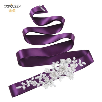 TOPQUEEN Elegant Bridal Belt Pearl Beaded Flower Applique Accessories Wedding Belt Sash Luxury Dress Waist Decoration S484