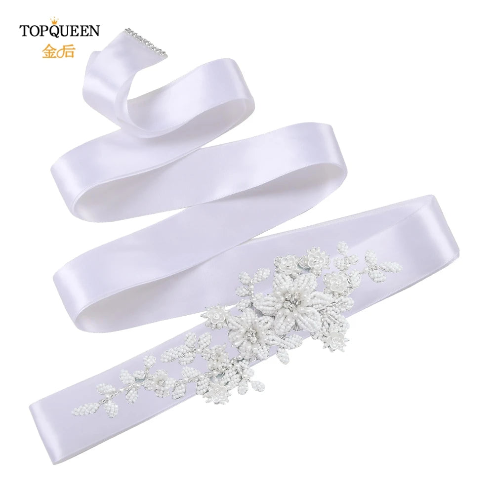 TOPQUEEN Elegant Bridal Belt Pearl Beaded Flower Applique Accessories Wedding Belt Sash Luxury Dress Waist Decoration S484