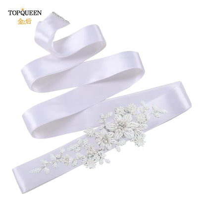 TOPQUEEN Elegant Bridal Belt Pearl Beaded Flower Applique Accessories Wedding Belt Sash Luxury Dress Waist Decoration S484