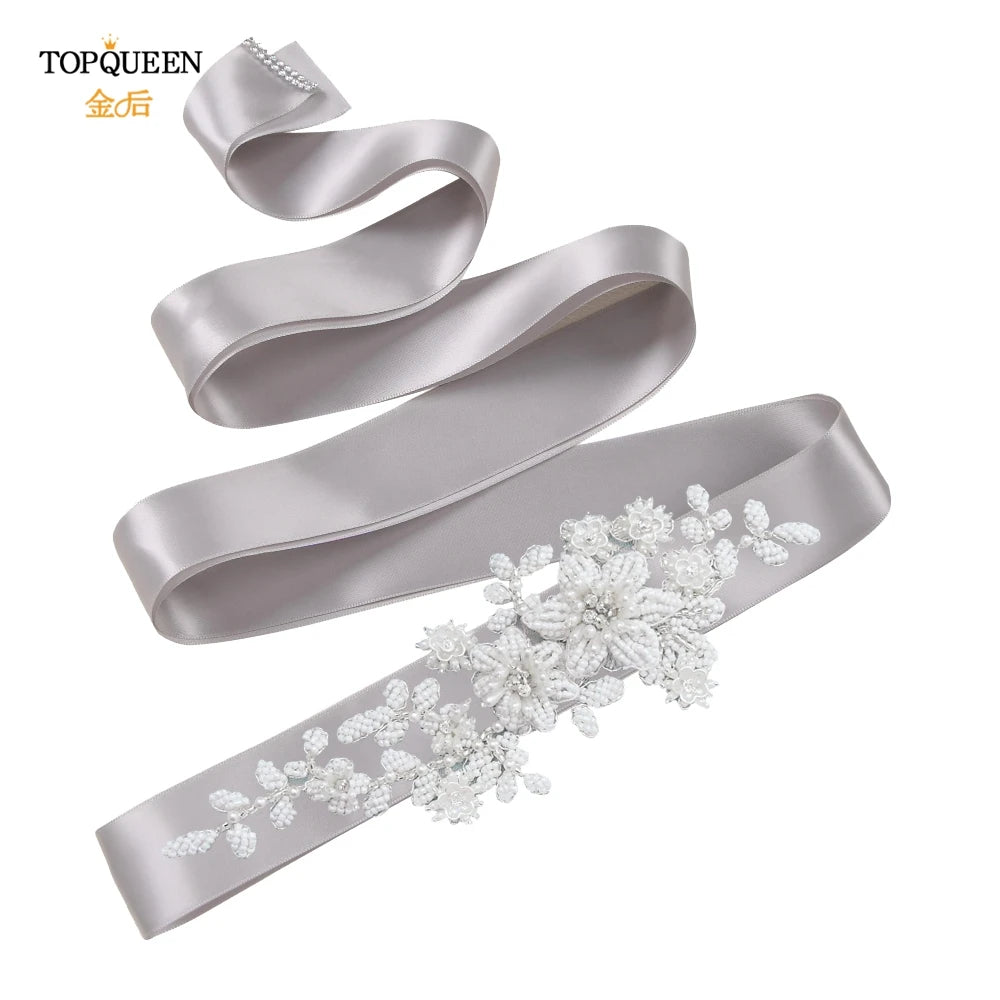 TOPQUEEN Elegant Bridal Belt Pearl Beaded Flower Applique Accessories Wedding Belt Sash Luxury Dress Waist Decoration S484