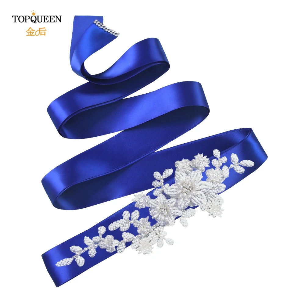 TOPQUEEN Elegant Bridal Belt Pearl Beaded Flower Applique Accessories Wedding Belt Sash Luxury Dress Waist Decoration S484