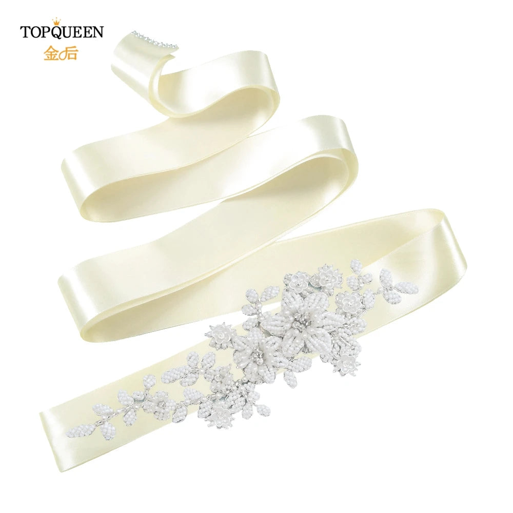 TOPQUEEN Elegant Bridal Belt Pearl Beaded Flower Applique Accessories Wedding Belt Sash Luxury Dress Waist Decoration S484