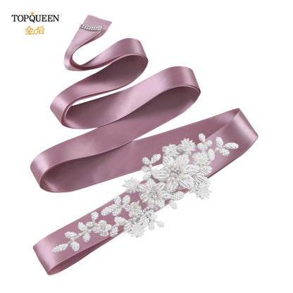 TOPQUEEN Elegant Bridal Belt Pearl Beaded Flower Applique Accessories Wedding Belt Sash Luxury Dress Waist Decoration S484