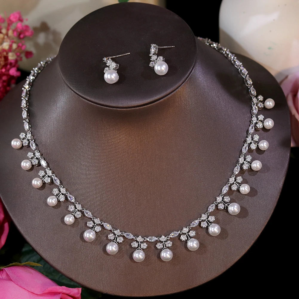 Gorgeous Cubic Zirconia Stone Pearl Choker Necklace Earring Jewelry Set for Women Bridal Satin Wedding Dress Accessories