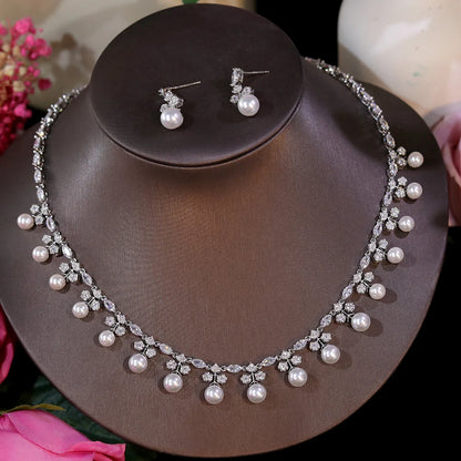 Gorgeous Cubic Zirconia Stone Pearl Choker Necklace Earring Jewelry Set for Women Bridal Satin Wedding Dress Accessories