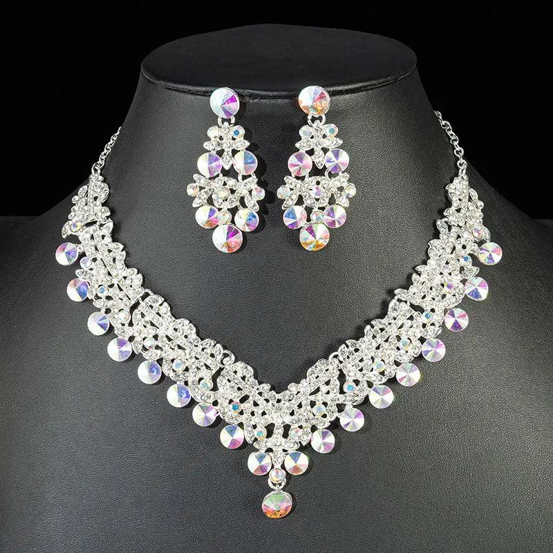 KMVEXO 2pcs Luxury Crystal Bead AB Color Necklace Earrings Set for Women Glass Weddings Party Jewelry Sets Dress Accessories