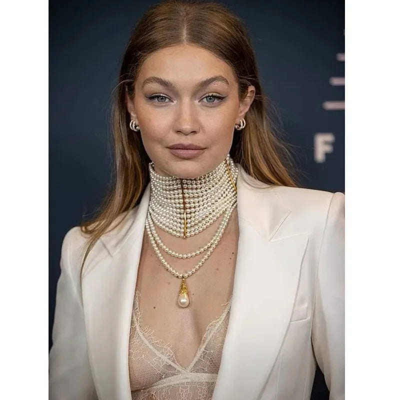 Light luxury fashion handmade multi-layer pearl water drop fringe necklace French style dress dinner choker choker women