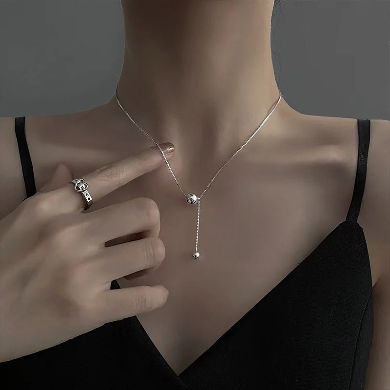 Minimalist Simulated Pearl Necklace Titanium Steel Adjustable Long Chain Necklace Female Party Wedding Dress Jewelry Girls Gifts