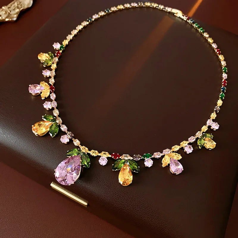 Colorful Zircon Flowers Water Drop Earrings Pendant Necklace Women's Charm Elegant Fashion Jewelry Set Accessories Party Dress