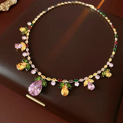 Colorful Zircon Flowers Water Drop Earrings Pendant Necklace Women's Charm Elegant Fashion Jewelry Set Accessories Party Dress