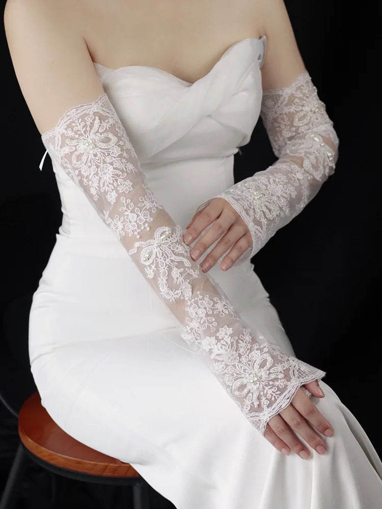 Long Bridal Gloves Vintage Flower Pearls Wristband Wedding Glove For Women Girl Party Evening Dress Jewelry Bride Accessories