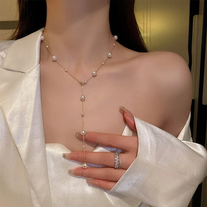 Minimalist Simulated Pearl Necklace Titanium Steel Adjustable Long Chain Necklace Female Party Wedding Dress Jewelry Girls Gifts