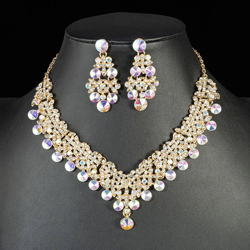 KMVEXO 2pcs Luxury Crystal Bead AB Color Necklace Earrings Set for Women Glass Weddings Party Jewelry Sets Dress Accessories