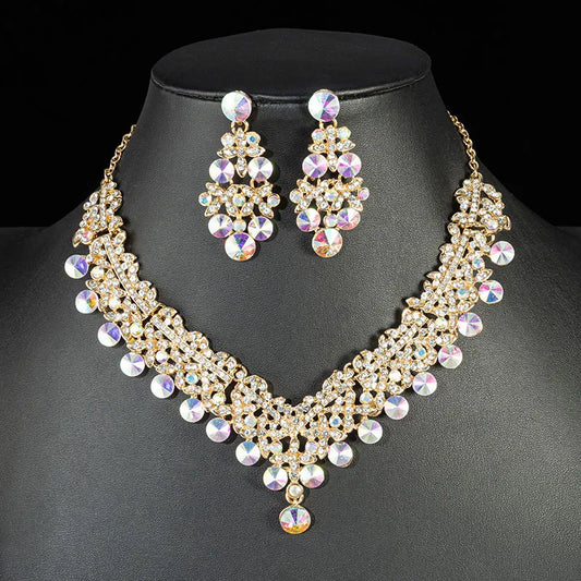 KMVEXO 2pcs Luxury Crystal Bead AB Color Necklace Earrings Set for Women Glass Weddings Party Jewelry Sets Dress Accessories