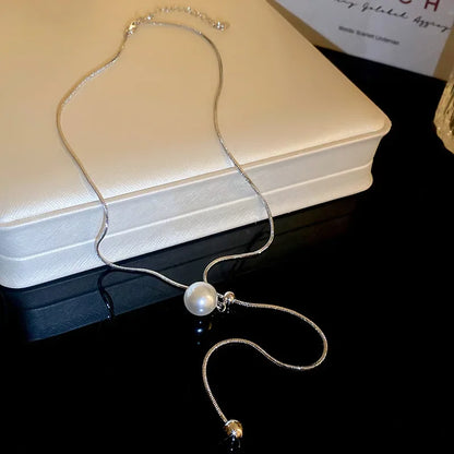 Minimalist Simulated Pearl Necklace Titanium Steel Adjustable Long Chain Necklace Female Party Wedding Dress Jewelry Girls Gifts
