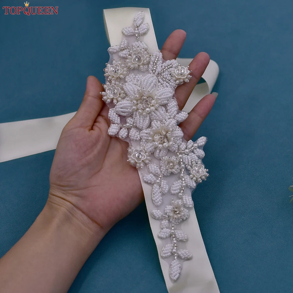 TOPQUEEN Elegant Bridal Belt Pearl Beaded Flower Applique Accessories Wedding Belt Sash Luxury Dress Waist Decoration S484