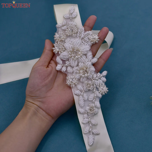 TOPQUEEN Elegant Bridal Belt Pearl Beaded Flower Applique Accessories Wedding Belt Sash Luxury Dress Waist Decoration S484