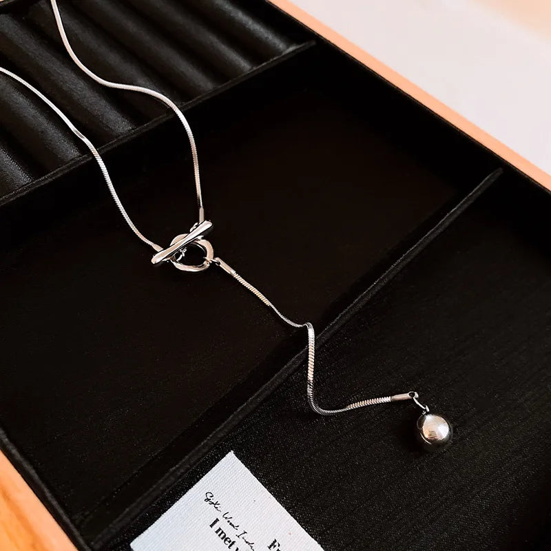 Minimalist Simulated Pearl Necklace Titanium Steel Adjustable Long Chain Necklace Female Party Wedding Dress Jewelry Girls Gifts