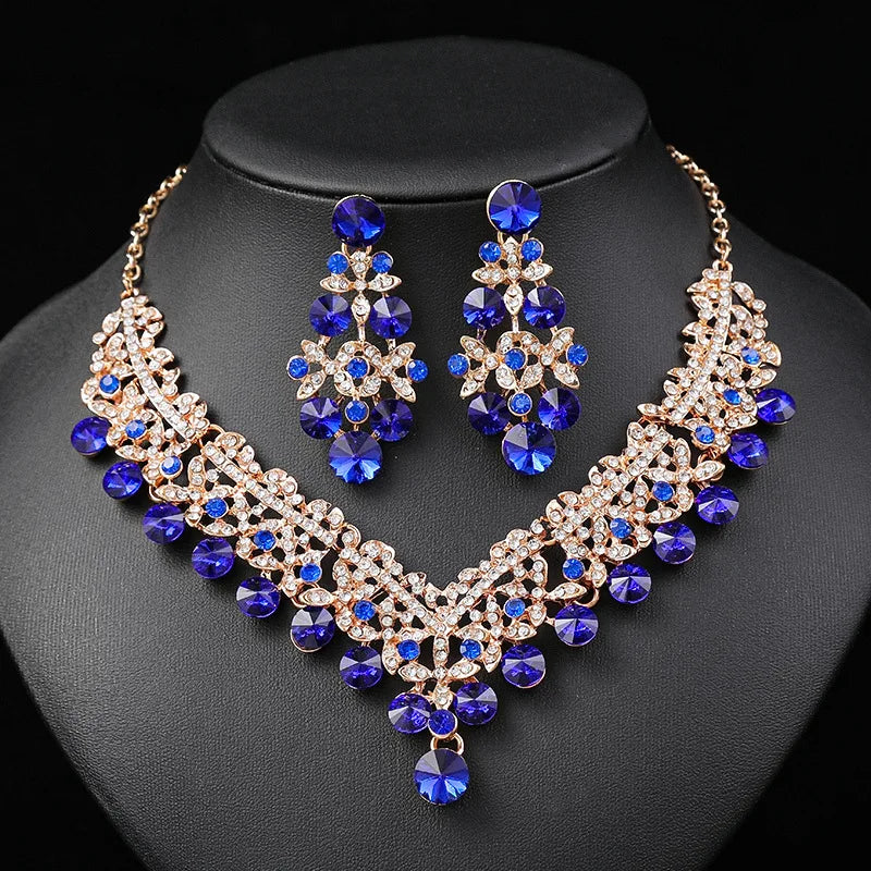 KMVEXO 2pcs Luxury Crystal Bead AB Color Necklace Earrings Set for Women Glass Weddings Party Jewelry Sets Dress Accessories