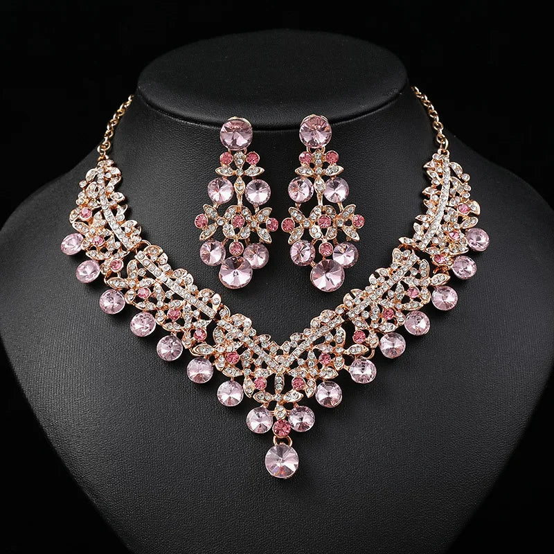 KMVEXO 2pcs Luxury Crystal Bead AB Color Necklace Earrings Set for Women Glass Weddings Party Jewelry Sets Dress Accessories