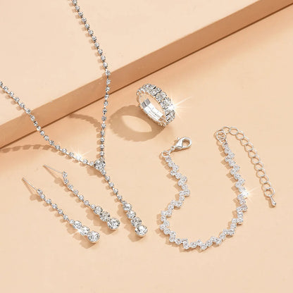 5Pcs Silver Prom Jewelry Set for Women Minimalist Rings Necklace Earrings Bracelet Set Wedding Party Dress Accessories Gifts