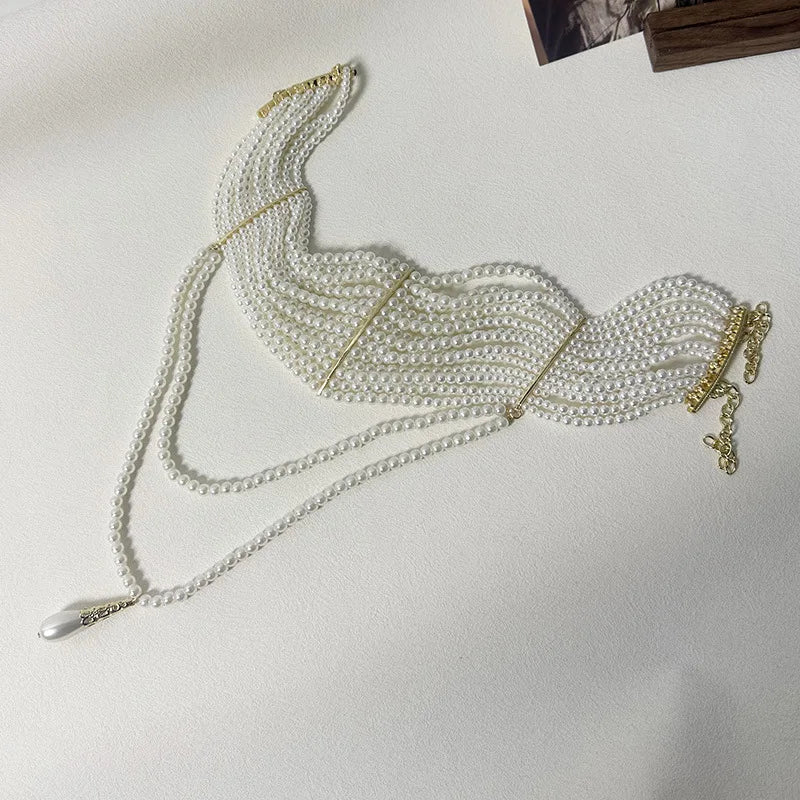 Light luxury fashion handmade multi-layer pearl water drop fringe necklace French style dress dinner choker choker women