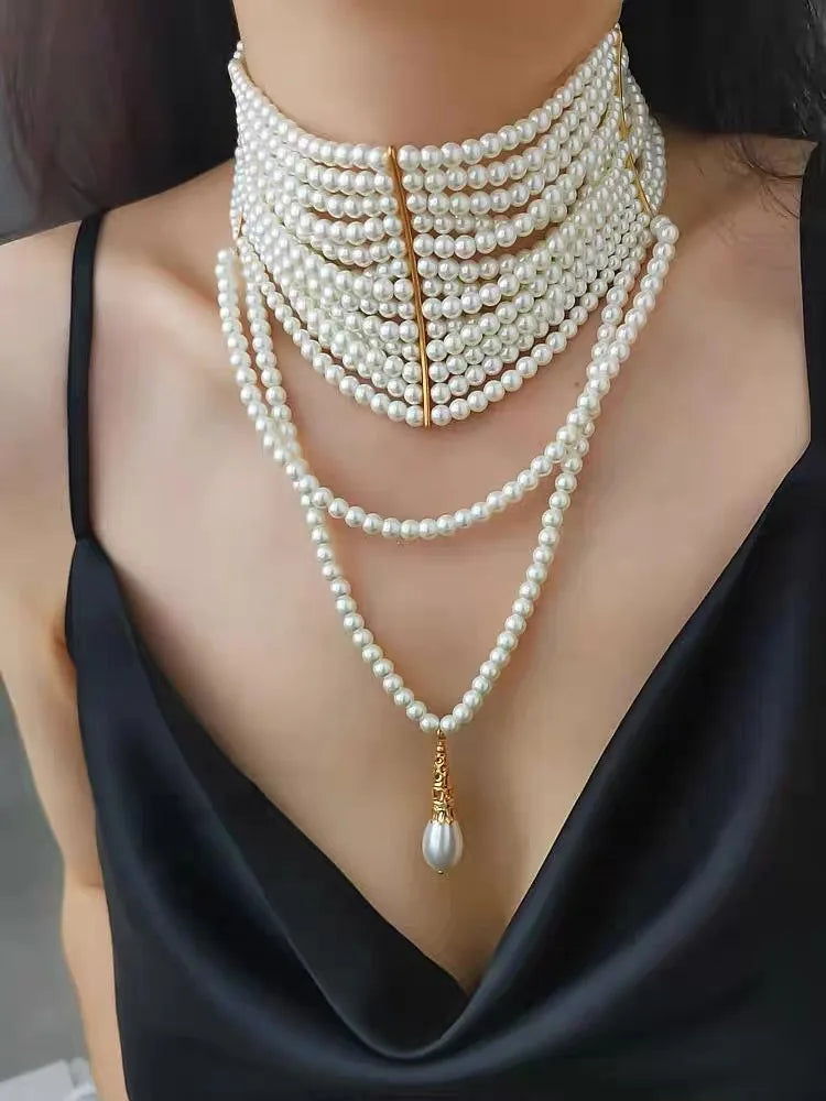 Light luxury fashion handmade multi-layer pearl water drop fringe necklace French style dress dinner choker choker women
