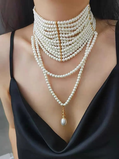 Light luxury fashion handmade multi-layer pearl water drop fringe necklace French style dress dinner choker choker women