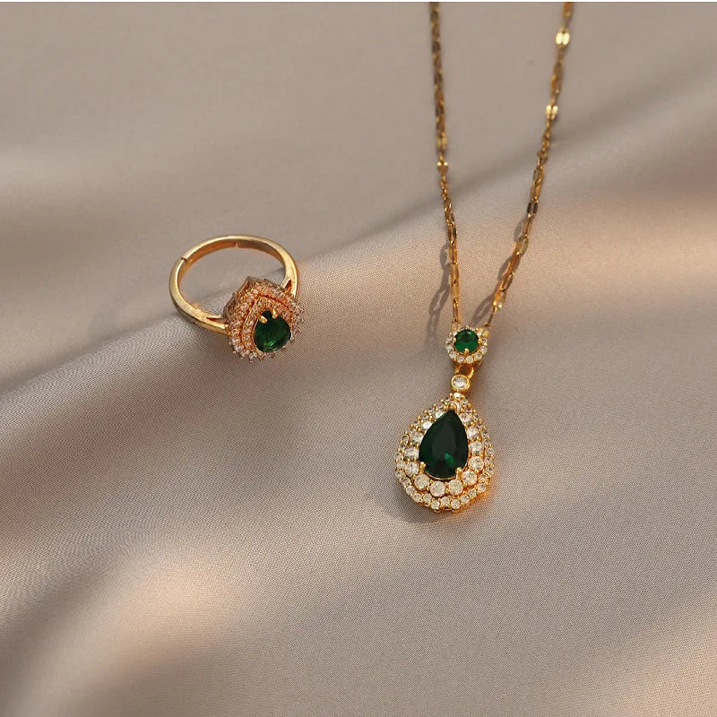 2pcs/set Jewelry Sets Women Elegant Waterdrop Green Rhinestone Pendant Tear Necklace Rings Wedding Dress Bridal Jewelry Set
