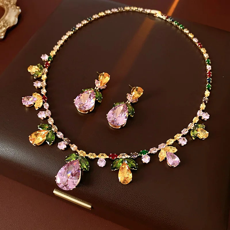 Colorful Zircon Flowers Water Drop Earrings Pendant Necklace Women's Charm Elegant Fashion Jewelry Set Accessories Party Dress