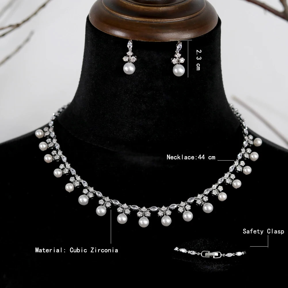 Gorgeous Cubic Zirconia Stone Pearl Choker Necklace Earring Jewelry Set for Women Bridal Satin Wedding Dress Accessories