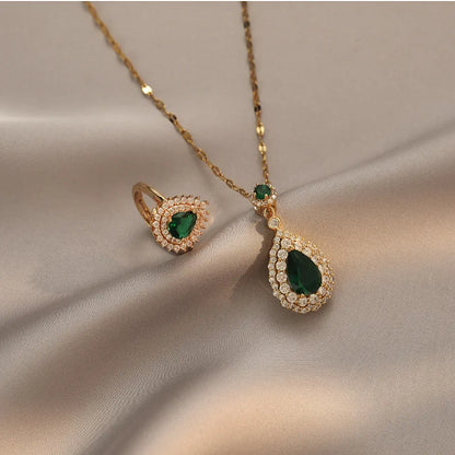 2pcs/set Jewelry Sets Women Elegant Waterdrop Green Rhinestone Pendant Tear Necklace Rings Wedding Dress Bridal Jewelry Set