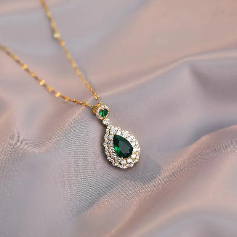 2pcs/set Jewelry Sets Women Elegant Waterdrop Green Rhinestone Pendant Tear Necklace Rings Wedding Dress Bridal Jewelry Set