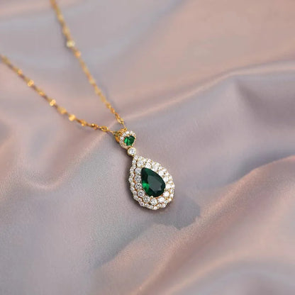 2pcs/set Jewelry Sets Women Elegant Waterdrop Green Rhinestone Pendant Tear Necklace Rings Wedding Dress Bridal Jewelry Set