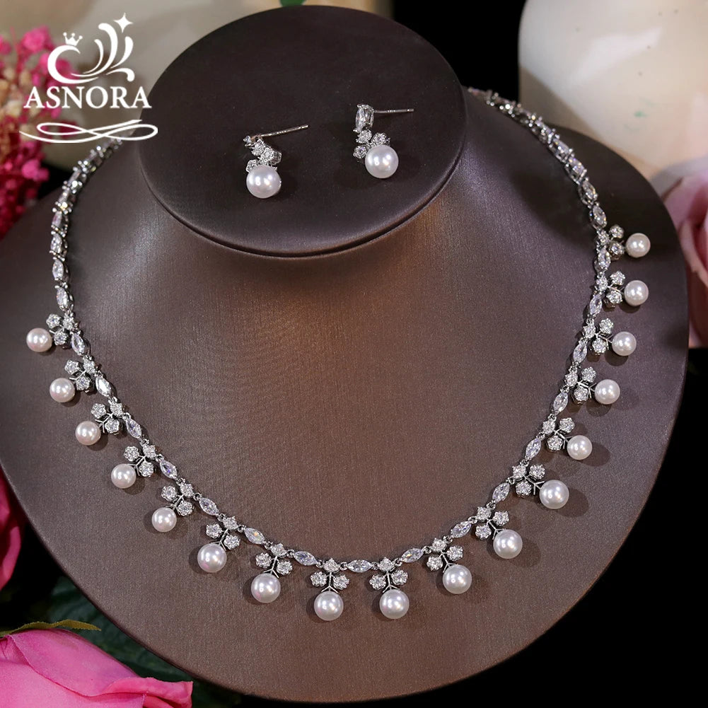 Gorgeous Cubic Zirconia Stone Pearl Choker Necklace Earring Jewelry Set for Women Bridal Satin Wedding Dress Accessories