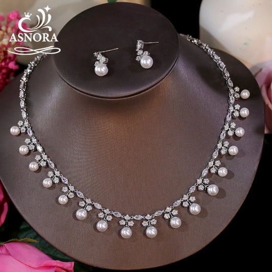 Gorgeous Cubic Zirconia Stone Pearl Choker Necklace Earring Jewelry Set for Women Bridal Satin Wedding Dress Accessories
