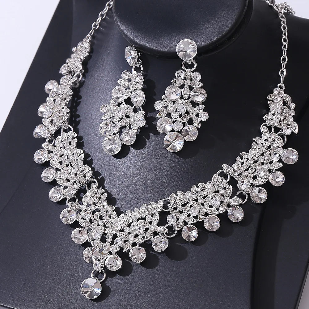KMVEXO 2pcs Luxury Crystal Bead AB Color Necklace Earrings Set for Women Glass Weddings Party Jewelry Sets Dress Accessories