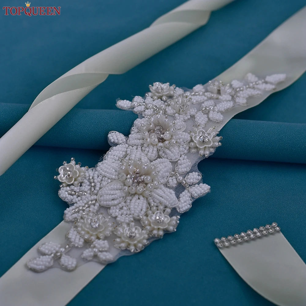 TOPQUEEN Elegant Bridal Belt Pearl Beaded Flower Applique Accessories Wedding Belt Sash Luxury Dress Waist Decoration S484
