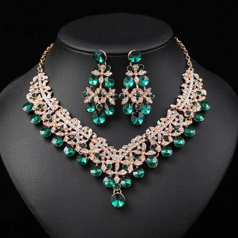 KMVEXO 2pcs Luxury Crystal Bead AB Color Necklace Earrings Set for Women Glass Weddings Party Jewelry Sets Dress Accessories